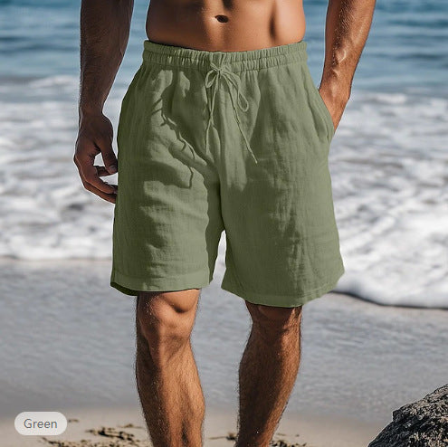 Cotton Linen Shorts Drawstring Elastic Waist Straight Leg