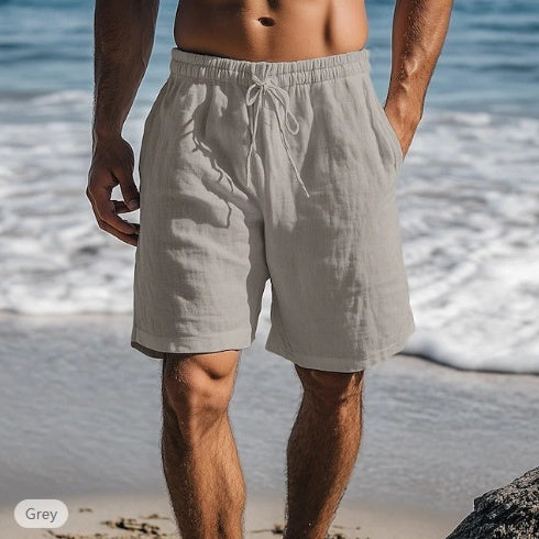 Cotton Linen Shorts Drawstring Elastic Waist Straight Leg
