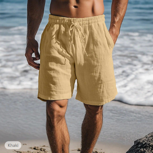 Cotton Linen Shorts Drawstring Elastic Waist Straight Leg